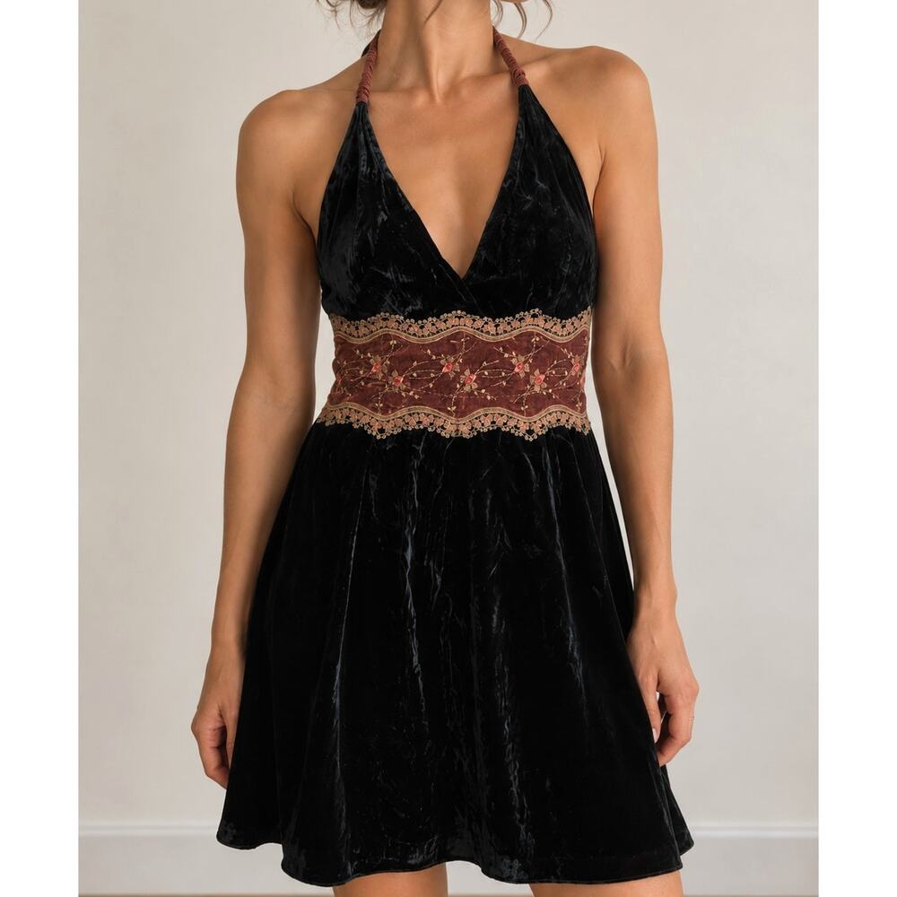 Hale Bob Black Velvet Halter Dress Size Small Embroidered Boho Y2K Mini Dress